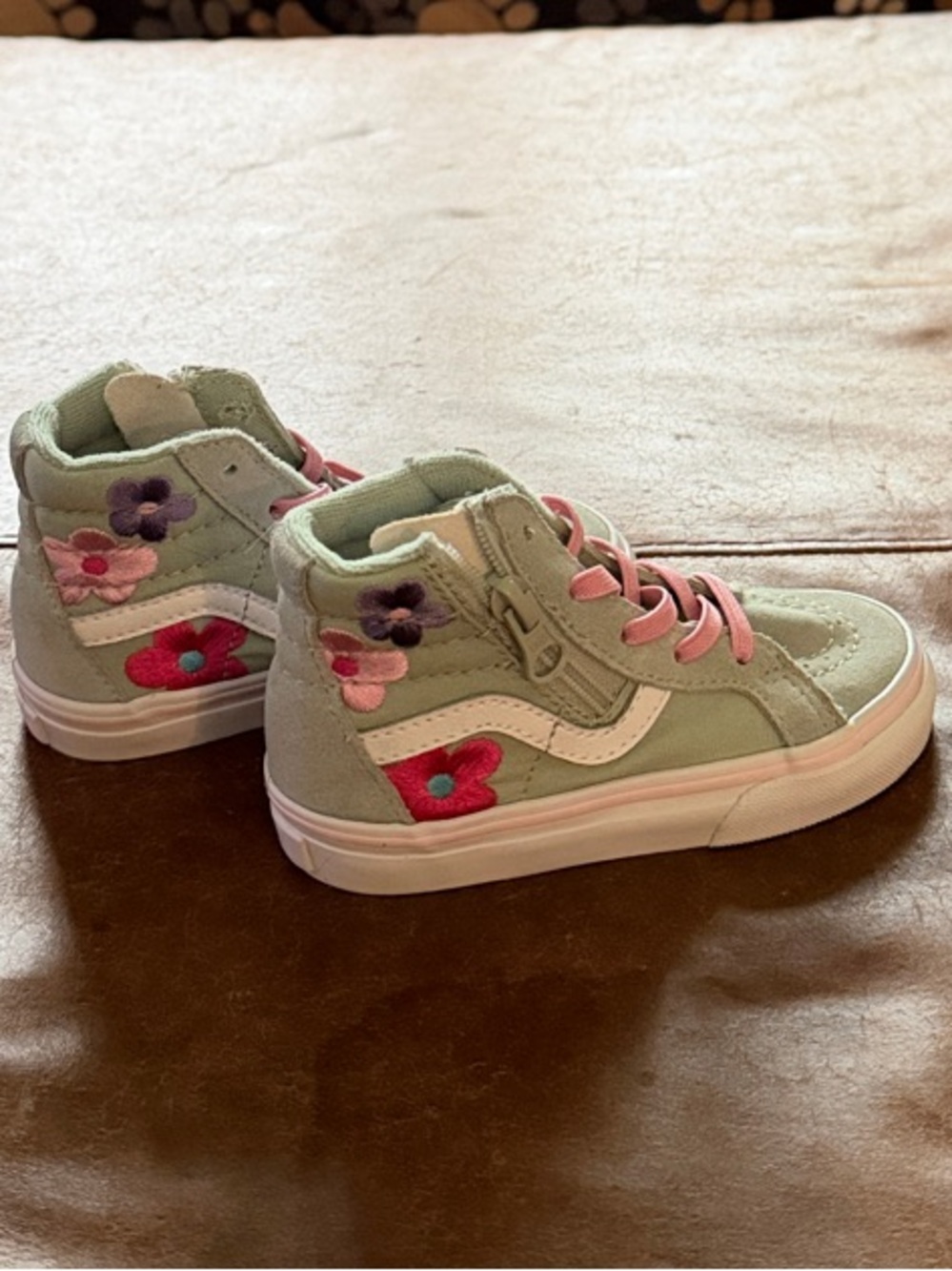 Vans Kids High-Top Sneakers in Sage Green with Pink Accents